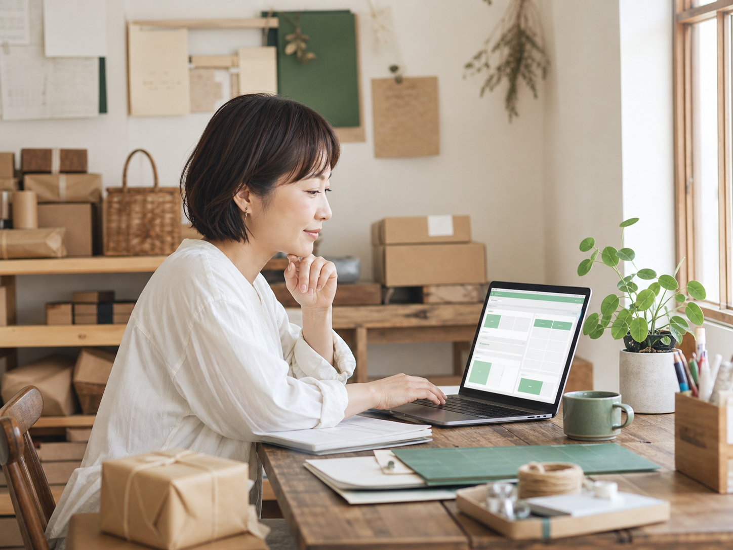自宅のワークスペースでデスクトップPCに向かうEC事業者