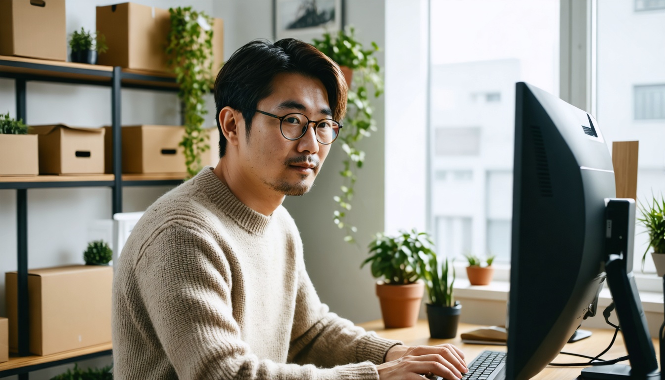 自宅のワークスペースでデスクトップPCに向かうEC事業者