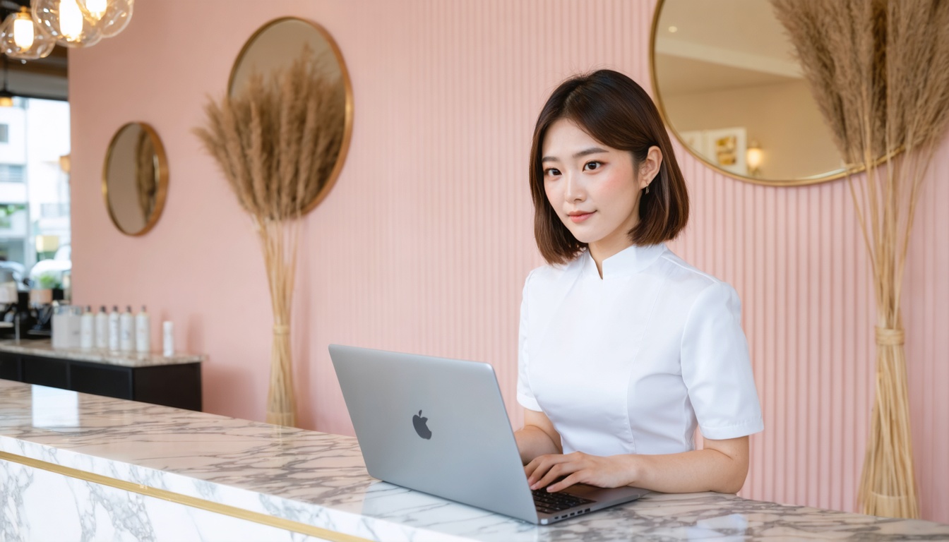 サロンの受付カウンターでノートPCを操作するスタッフ